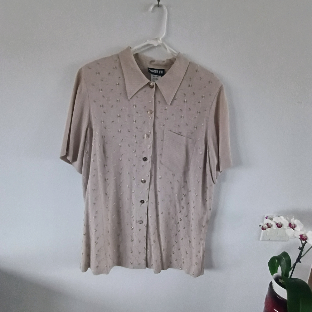 WRII Beige Embroidered Vintage Button Blouse Womens 16 Vintage 90s USA Textured